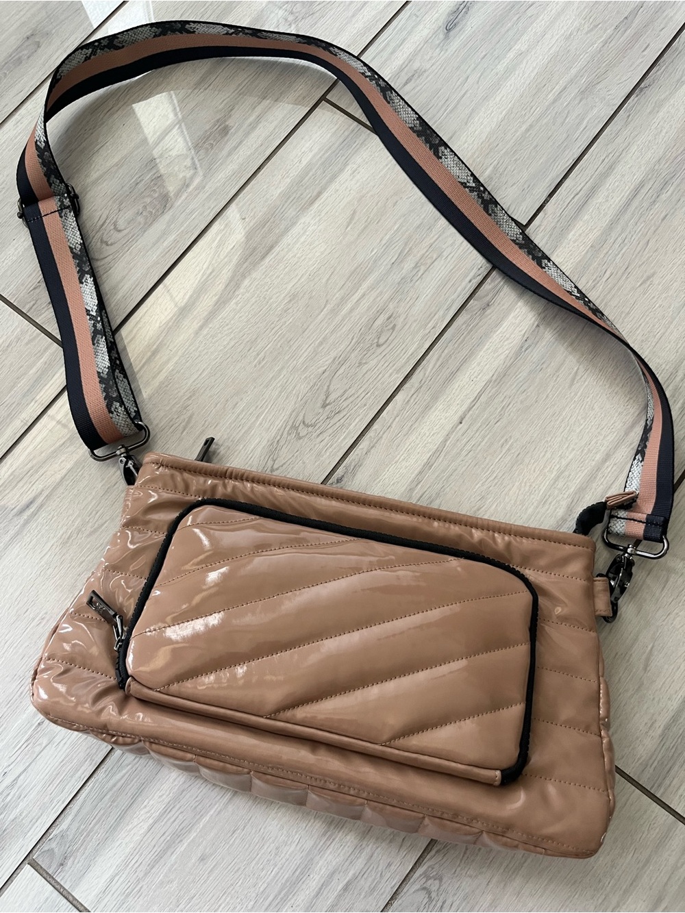 Quilted Patent Crossbody Bag in Blush Tan